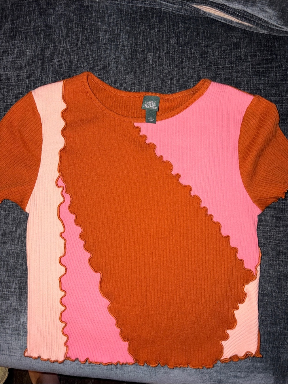 Wild Fable Colorblock Ribbed Lettuce Hem Crop Top Pink Orange XS